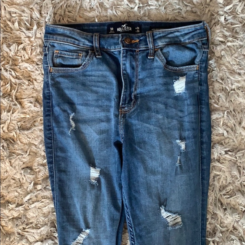 blue, lightly ripped, high-rise jeans